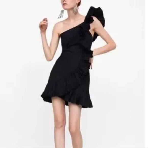 Zara Woman Black One-Shoulder Ruffle Mini Dress - Picture 3 of 10